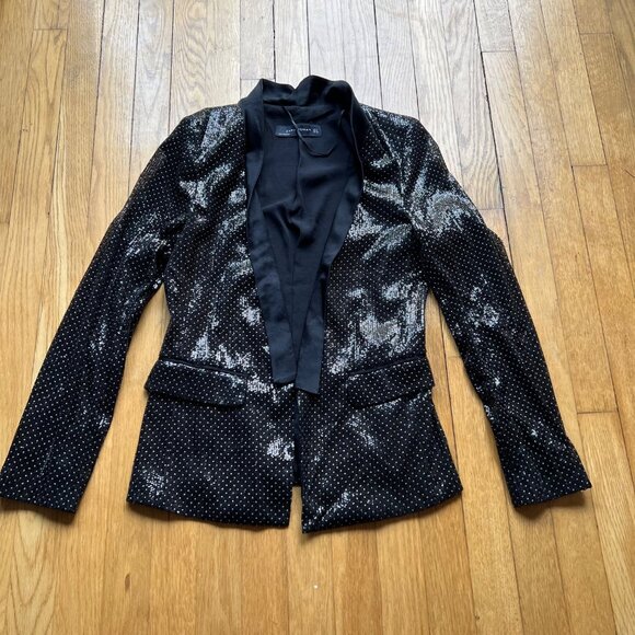 Zara Woman Size S Black Combined Polka Dot Sequin Tuxedo Collar Blazer Jacket - Picture 3 of 13
